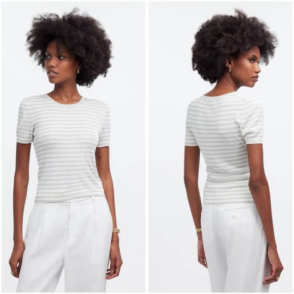 Madewell Monument White Gray Striped Micro-Rib Sweater Tee Size XXS - Picture 1 of 10